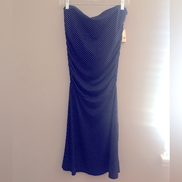 NWT Z Universe Blue and white Polka Dot Strapless Ruched midi dress size medium - Picture 1 of 6